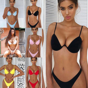 Offre spéciale femmes Push-up bandeau Bikini couleur unie Maillot De Bain taille basse Triangle maillots De Bain Sexy Maillot De Bain Femme