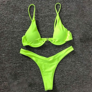 Offre spéciale femmes Push-up bandeau Bikini couleur unie Maillot De Bain taille basse Triangle maillots De Bain Sexy Maillot De Bain Femme