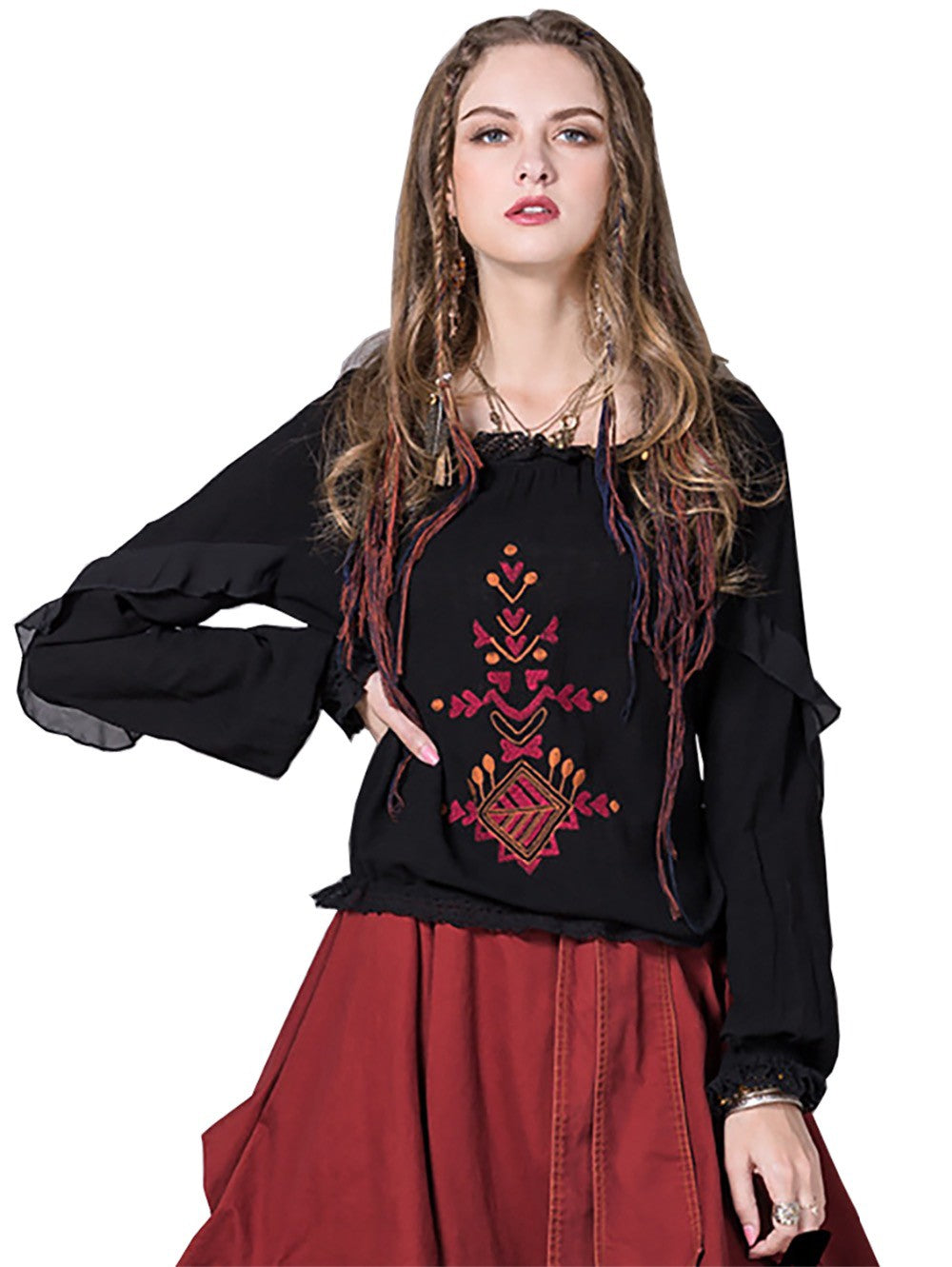 M L vintage cotton linen autumn 2018 black women blouse long sleeve embroidery with ruffles tops lady #B9209